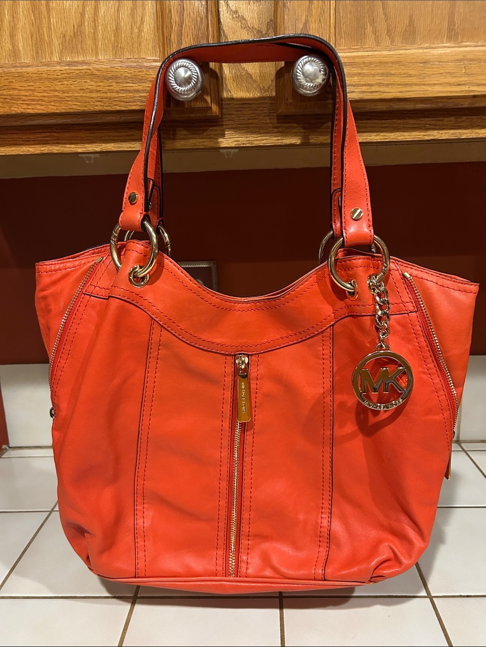 Michael Kors Red-Orange Leather Expandable Hobo Shoulder Bag with Gold Hardware